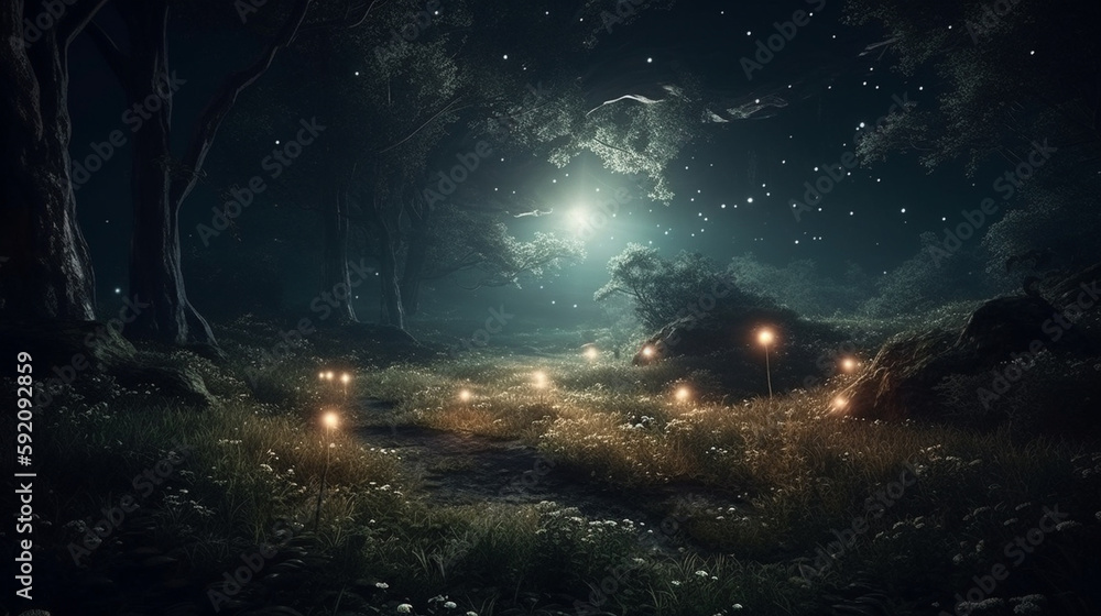 Mystical dark forest with full moon and stars.generative ai