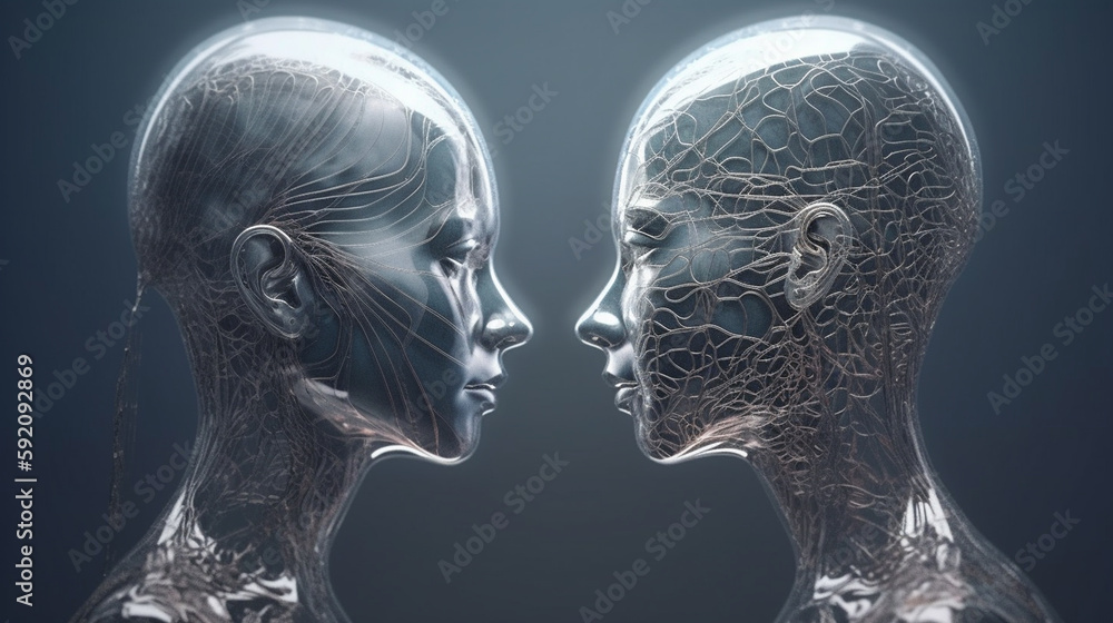 female head and a male head made of metal.generative ai female head and a male head made of metal.generative ai