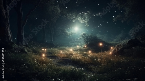 Mystical dark forest with full moon and stars.generative ai © S...