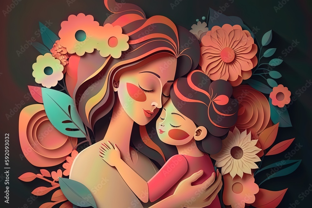 Mother's Day Illustration of mom with children hugging each other, AI Generative.