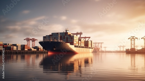 Container Cargo freight ship with working crane bridge at sunset for Logistic Import Export background..generative ai