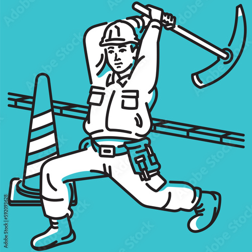 土地 (地盤) または道路を掘削する男性作業員