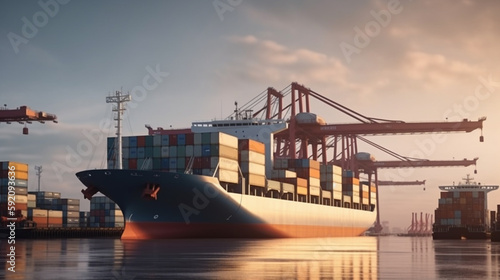 Container Cargo freight ship with working crane bridge at sunset for Logistic Import Export background..generative ai