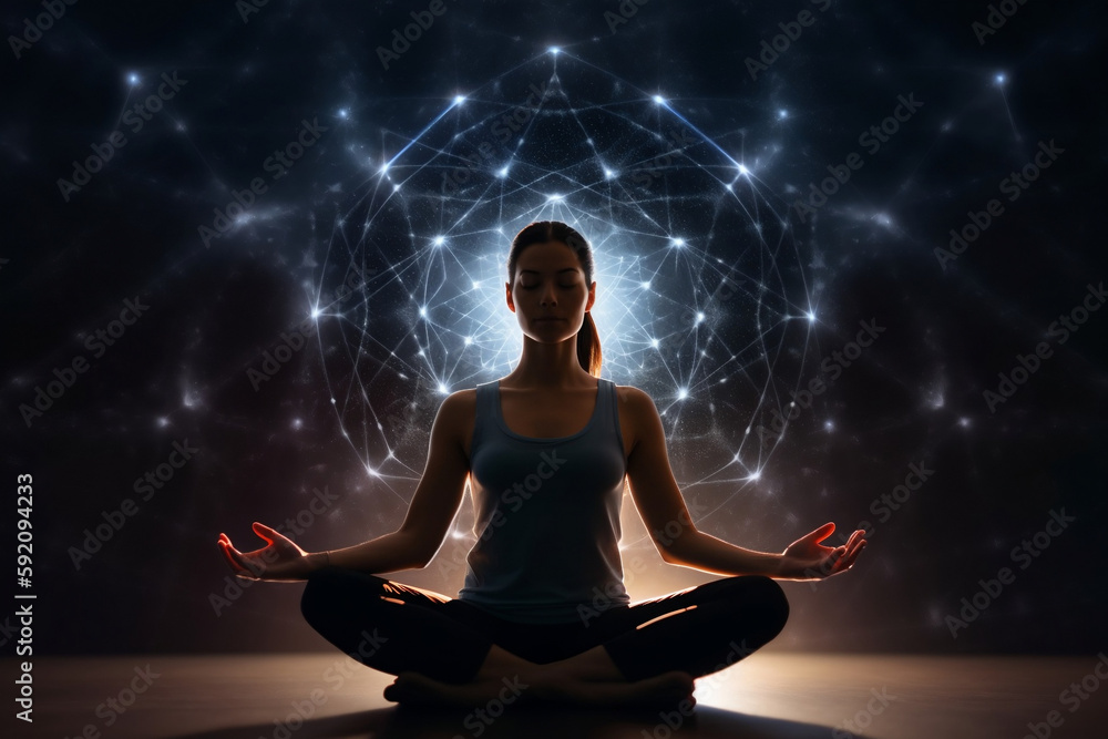 Woman Sitting In Yoga Lotus Pose And Her Connection To Space, Made Using Generative Ai Woman Sitting In Yoga Lotus Pose And Her Connection To Space, Made Using Generative Ai