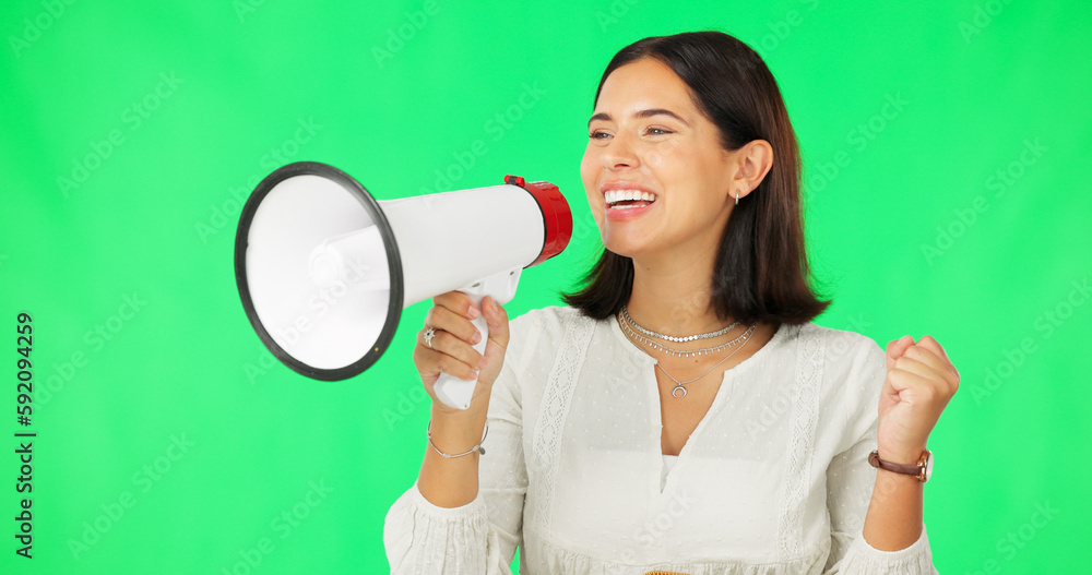 Megaphone, green screen and happy woman isolated on studio background broadcast, sale or announcement. Excited person or speaker speaking, voice or speech for retail or promotion deal in studio Megaphone, green screen and happy woman isolated on studio background broadcast, sale or announcement. Excited person or speaker speaking, voice or speech for retail or promotion deal in studio
