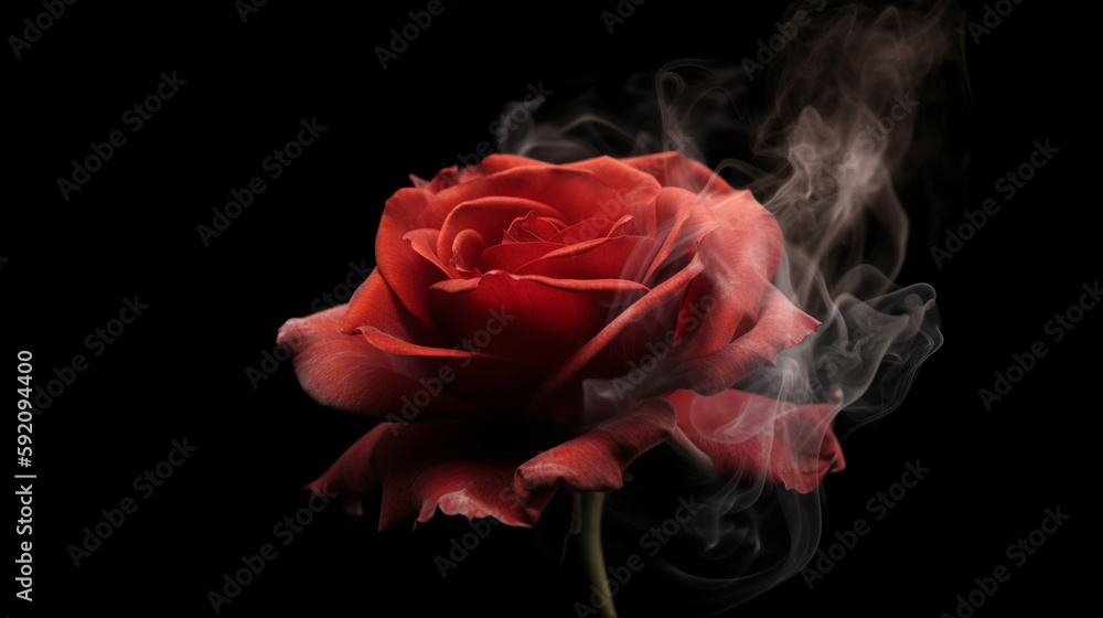 Red rose with smoke on a black background.generative ai