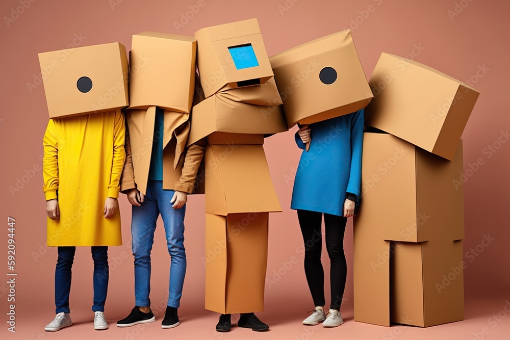 Group studio portrait of people with cardboard boxes instead of head ...