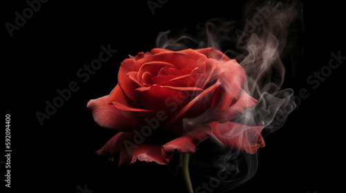 Red rose with smoke on a black background.generative ai