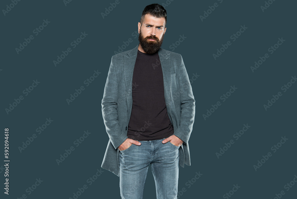 elegant bearded mature guy wear casual on grey background elegant bearded mature guy wear casual on grey background