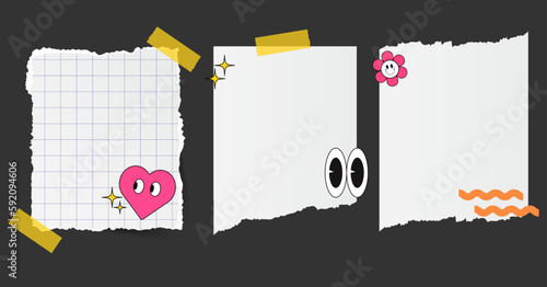 Notebook paper set, torn paper, tape collage stickers retro cartoon elements