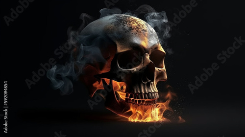 Human skull in flames with smoke on black background.generative ai