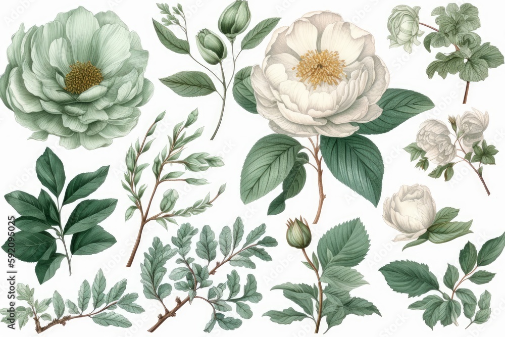 Floral Illustration Elements, Green and White Flowers Background, Peonies, Green Leaves, Generative AI