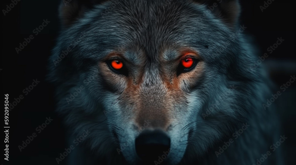 Portrait of a wolf with red eyes in the forest at night.generative ai Portrait of a wolf with red eyes in the forest at night.generative ai