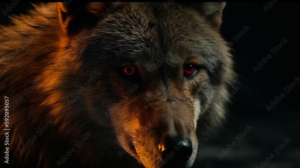 Portrait of a wolf with red eyes in the forest at night.generative ai