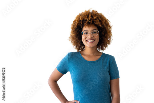Portrait of biracial woman wearing blue t-shirt with copy space on white background