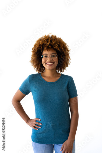 Portrait of biracial woman wearing blue t-shirt with copy space on white background
