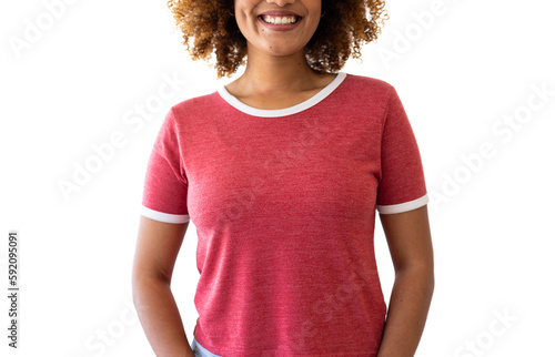 Biracial woman wearing red t-shirt with copy space on white background