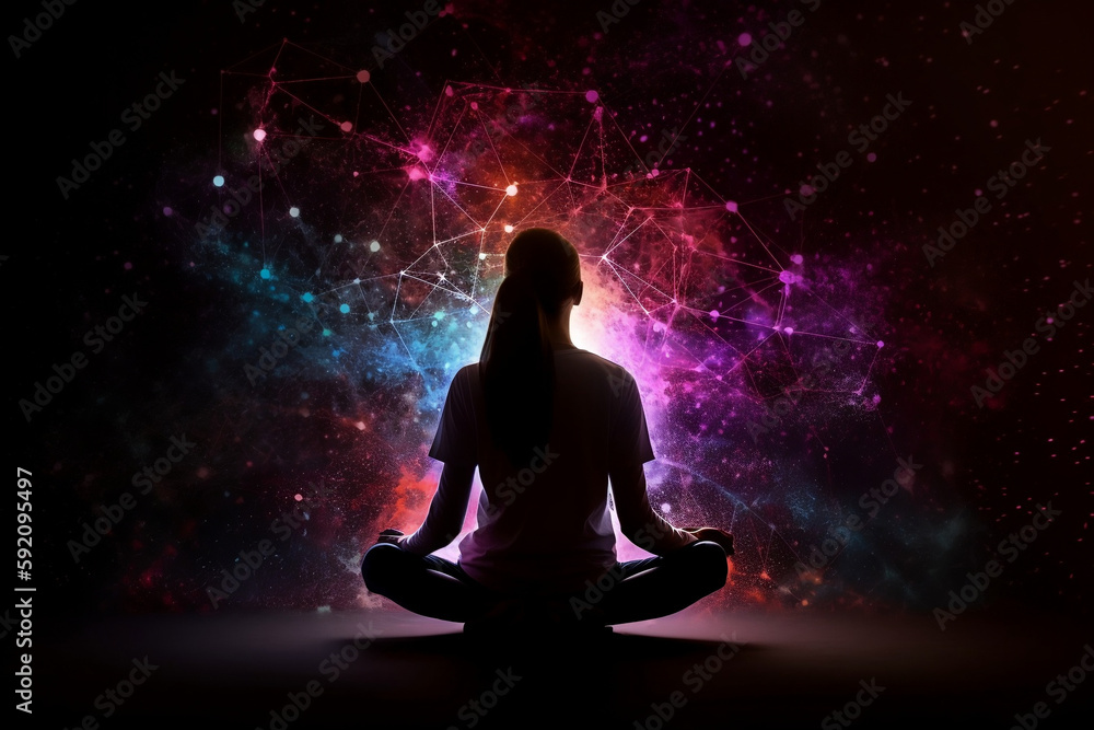Silhouette Of Girl In Lotus Position On The Abstract Positive Energy Background, Made Using Generative Ai Silhouette Of Girl In Lotus Position On The Abstract Positive Energy Background, Made Using Generative Ai