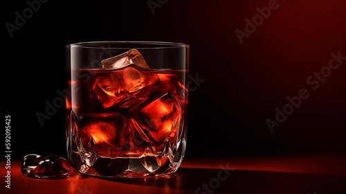 whiskey with ice in a glass on a dark red background.generative ai