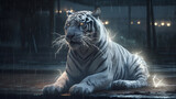 White tiger in the rain with lightning on the background.generative ai