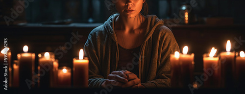 Young woman praying with candles in church.generative ai