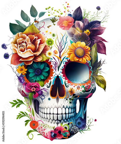skull with flowers isolated, ai art
