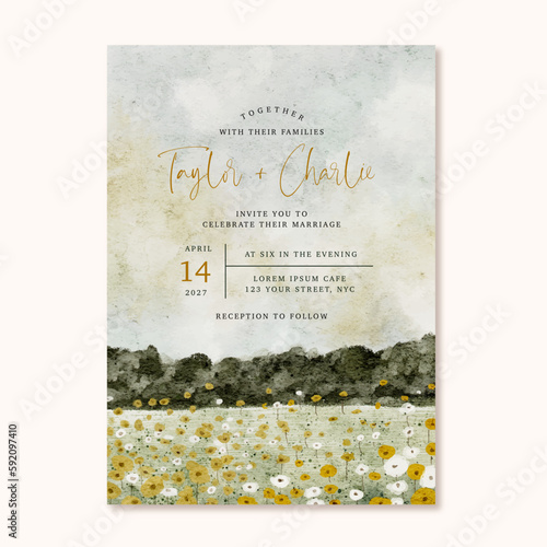 wedding invitation with vintage flower field watercolor