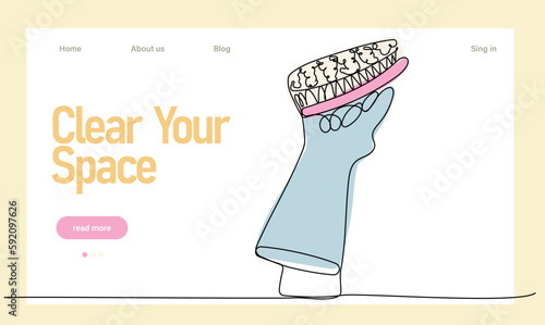 Home cleaning service landing page design concept, illustration of janitors with cleaning tools. Vector illustration