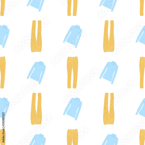 Color seamless pattern with spring fashion clothes on white background for wallpaper design. Template design. Vector flat illustration...