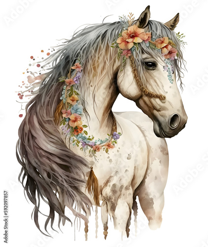 Floral horse watercolor isolated, ai art