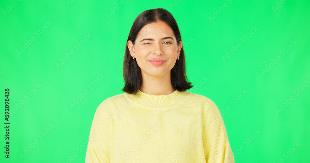 Happy, woman and face wink on green screen, studio and color background. Portrait, female model and winking with smile of cool girl, fun mood and joyful personality in happiness, emoji and flirting Happy, woman and face wink on green screen, studio and color background. Portrait, female model and winking with smile of cool girl, fun mood and joyful personality in happiness, emoji and flirting