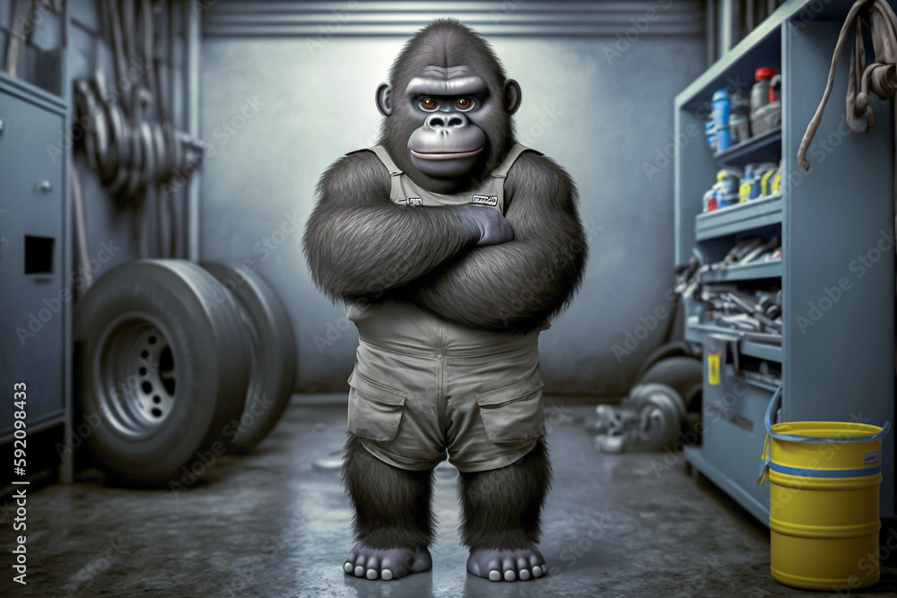 Cartoon gorilla wearing overalls folding arms in the basement garage. Male gorilla automotive technician, repair vehicle, smile animal concept. Fictional model and place. Made with Generative AI Cartoon gorilla wearing overalls folding arms in the basement garage. Male gorilla automotive technician, repair vehicle, smile animal concept. Fictional model and place. Made with Generative AI