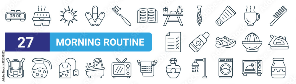 set of 27 outline web morning routine icons such as clock, lunch box ...