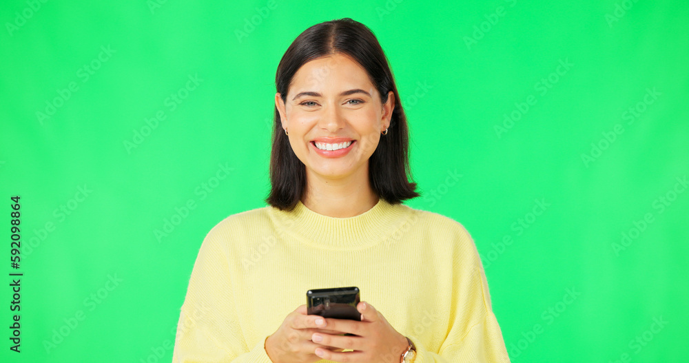 Smile, woman and smartphone on green screen, face and studio for social media, online contact and meme. Portrait of happy female model typing on cellphone, download mobile games or scroll for texting