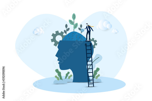 Personal growth concept. man with watering can waters brain, abstract pictures, education. Invest in yourself, motivational poster or banner and self development. Vector illustration