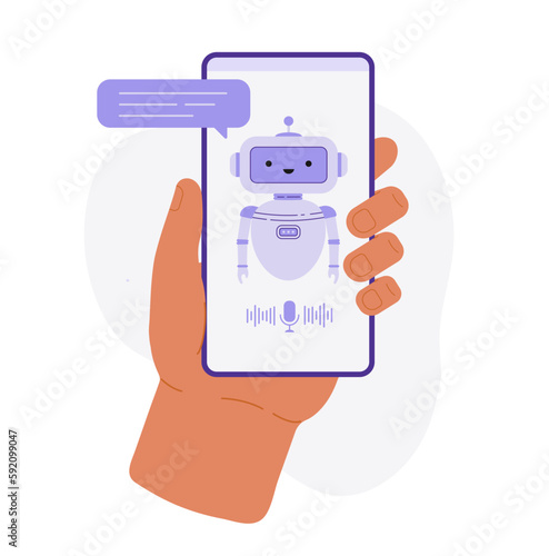 Vioce virtual assistant. Artificial intelligence concept. Chatbot ai and customer service in smartphone app. Flat vector illustration photo