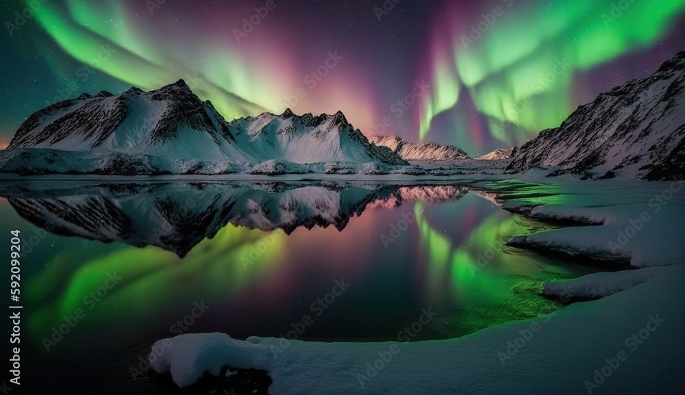 lake in the night with aurora in sky, Generative Ai