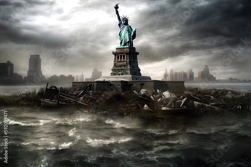 A statue of liberty stands in the middle of a body of water created with Generative AI technology