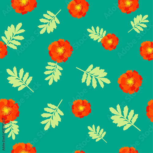 Seamless floral pattern with orange flowers and leaves.