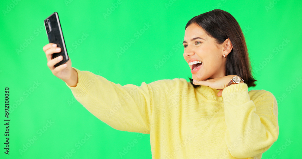 Happy woman, face and selfie on green screen with peace sign and facial expressions against studio background. Silly or goofy female model smiling for photo, emoji or memory with smartphone on mockup Happy woman, face and selfie on green screen with peace sign and facial expressions against studio background. Silly or goofy female model smiling for photo, emoji or memory with smartphone on mockup