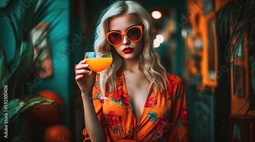 Beautiful blonde woman having cocktail at a beach bar. Generative AI #592100406