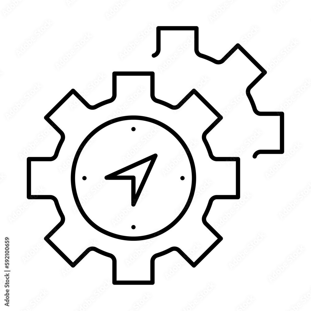 Strategic Efficiency, Oriented Design, Precision Engineering, Directional Optimization, Mechanical Navigation vector line icon with editable stroke. Strategic Efficiency, Oriented Design, Precision Engineering, Directional Optimization, Mechanical Navigation vector line icon with editable stroke.