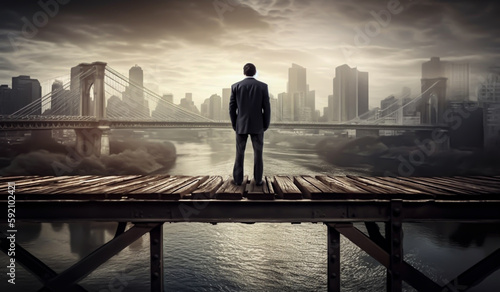 business man standing on the edge of a bridge over the river, back view, generative ai