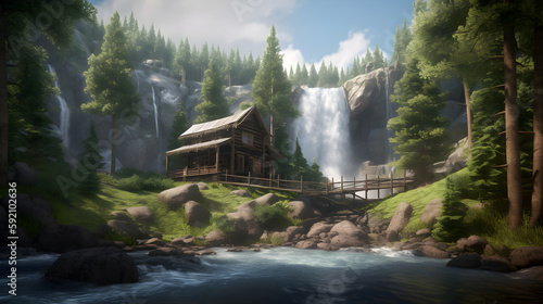 Little wooden house in the valley with a waterfall in the forest (Generative Ai)