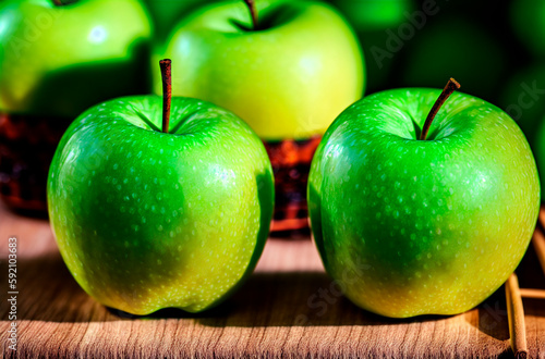 Green apples. Harvest of ripe delicious fruits. Generative AI.