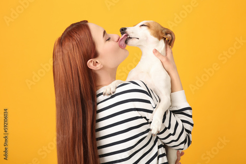 Woman kissing cute Jack Russell Terrier dog on orange background, back view