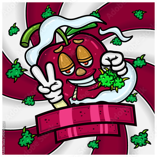 Cherry Fruit Flavor Mascot Character Cartoon With Weed Bud Packaging Design. For Label, Packaging, Product, Cover and Branding.