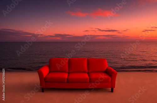 Big red sofa on shore of ocean, sea at sunset. Comfortable couch on sandy beach. Generative AI. © Anton Dios