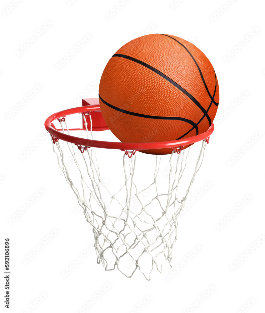 Basketball ball falling into hoop with net isolated on white