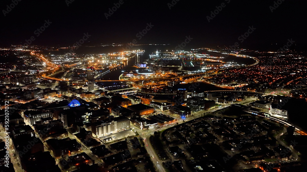 Fototapeta premium Aerial view Nightscape of Belfast Skyline night Cityscape Northern Ireland